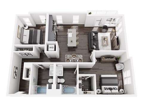Floor plan for 2 beds, 2 baths, 1153 sqft